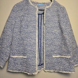 J. McLaughlin Blue and White Tweed Fringe Jacket